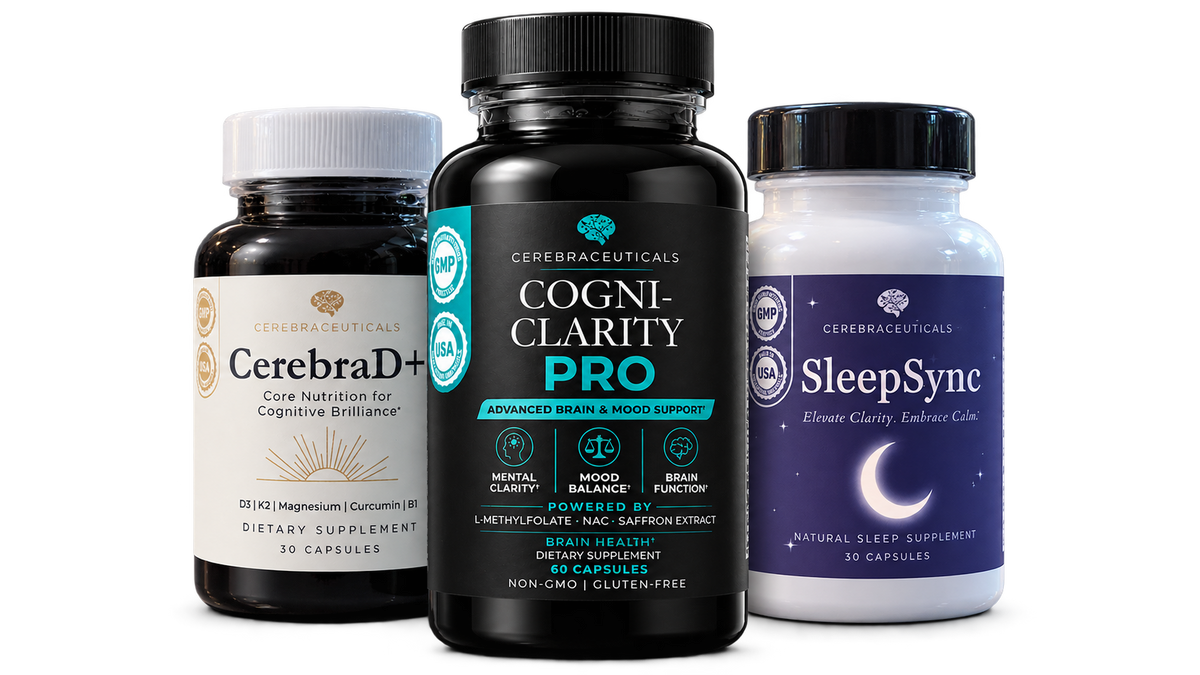 Cerebraceuticals brain wellness supplement routine featuring Cogni-Clarity Pro, CerebraD+, and SleepSync