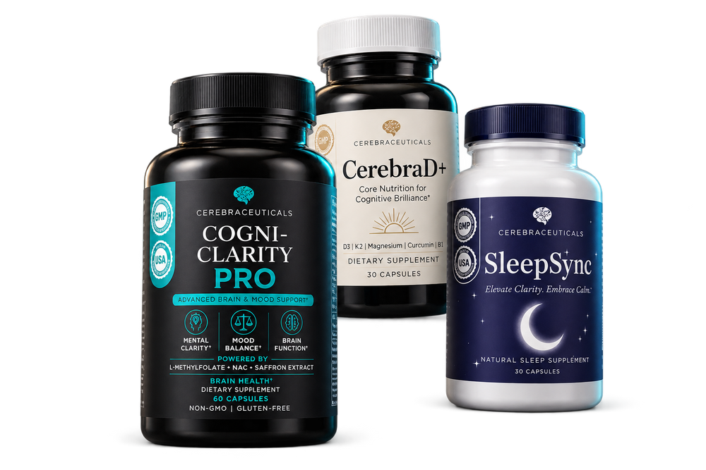 Cerebraceuticals three-formula system — Cogni-Clarity Pro, CerebraD+, and SleepSync