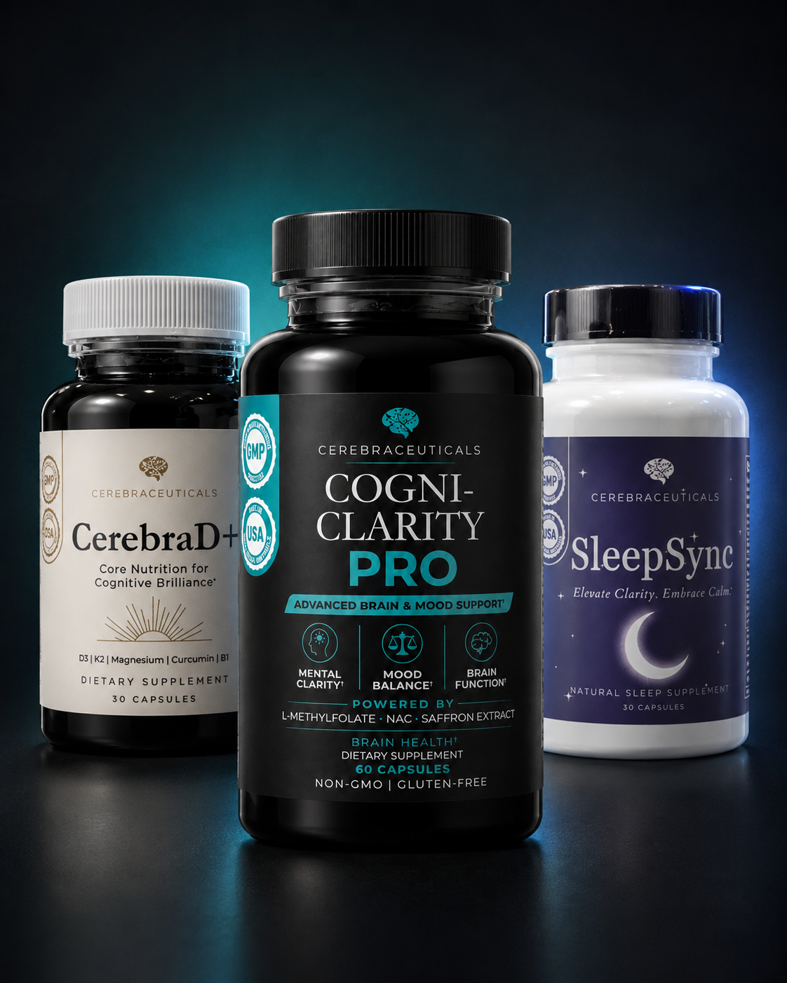 Cerebraceuticals product ecosystem — Cogni-Clarity Pro, CerebraD+, and SleepSync